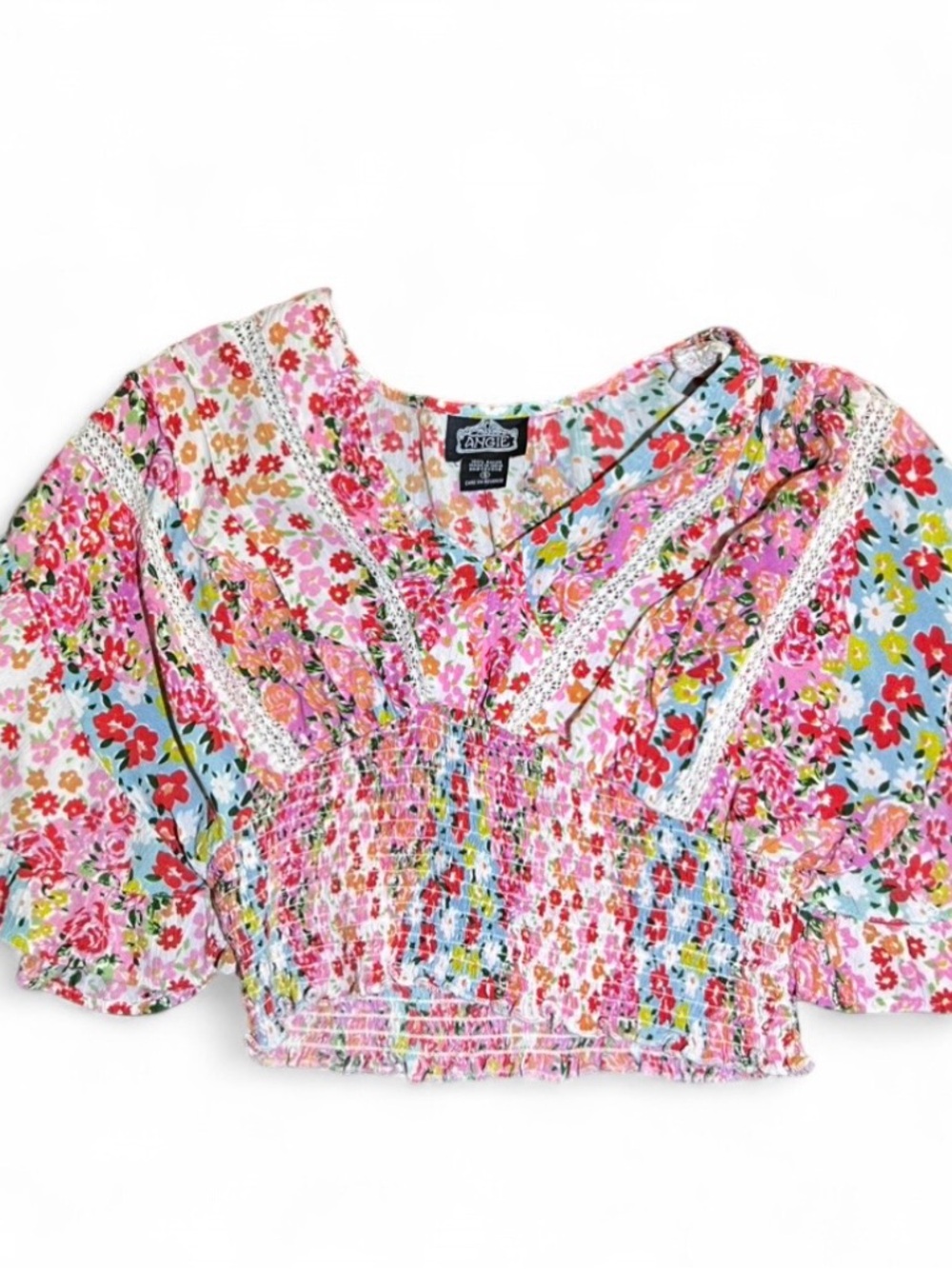 Angie Floral Boho Ruffled Sleeve Gathered Waist Crop Top Blouse S Boho Twee